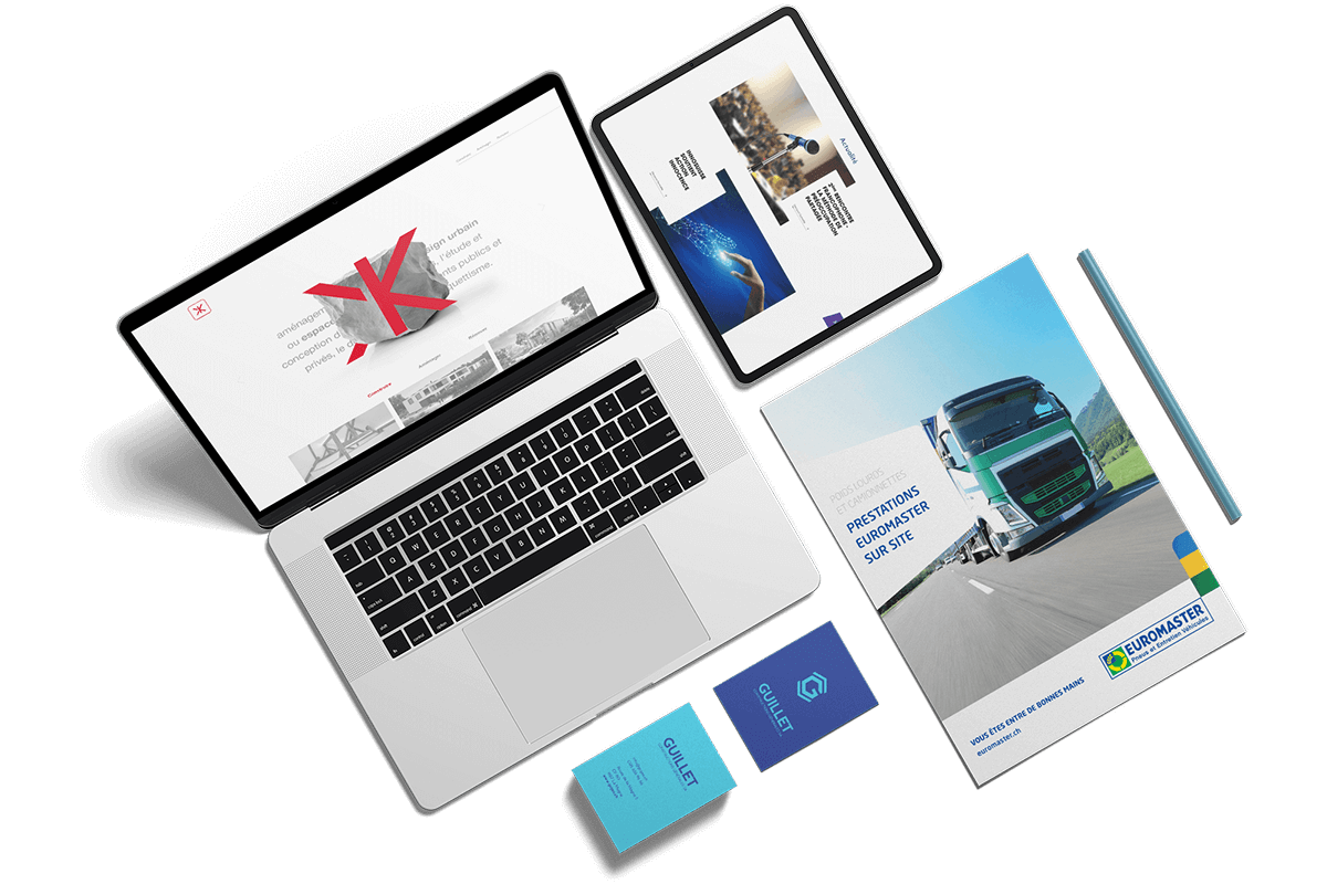 Ordinateur avec création de site, tablette avec site responsive, carte de visite et brochures réalisés par l'agence de communication igeneve